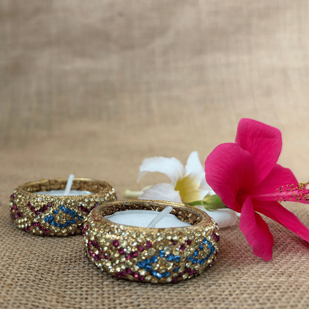 Purple and Blue Stone Work Handmade Tealight Holders – Set of 2