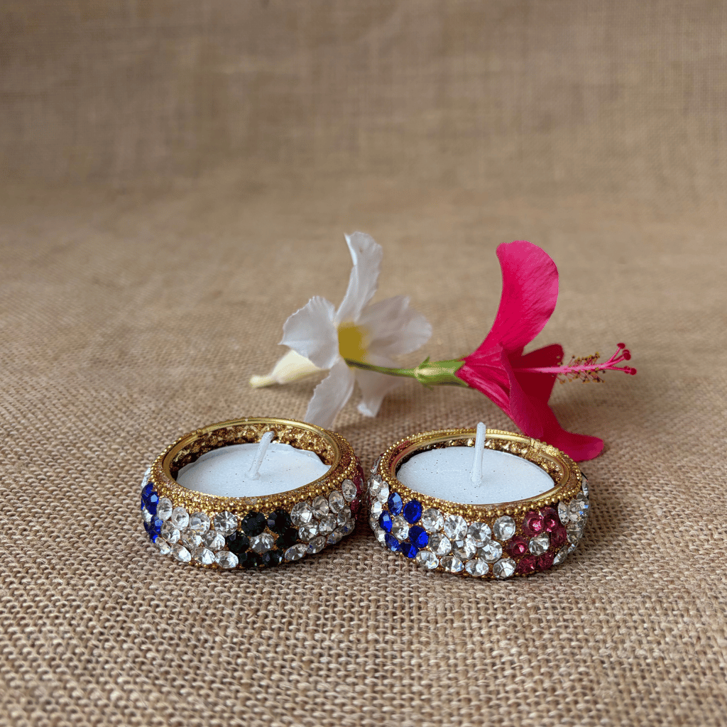 Floral Stone Work Handmade Tealight Holders – Set of 2