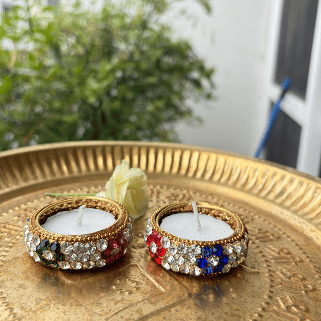 Floral Stone Work Handmade Tealight Holders – Set of 2