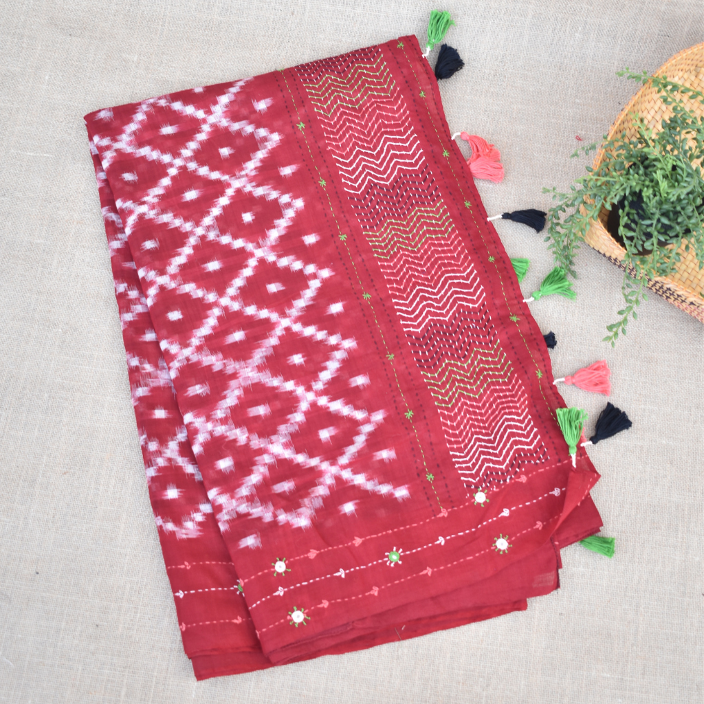 Handloom double ikat saree with hand embroidery