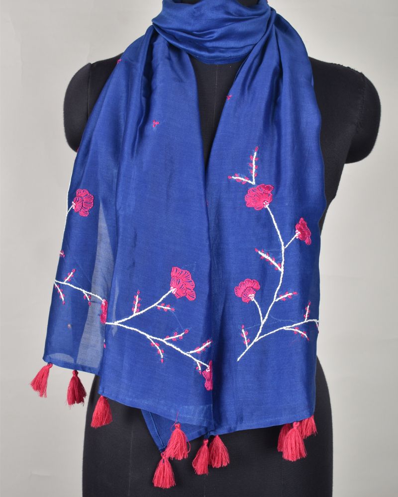 Indigo blue chanderi silk stole with hand embroidery