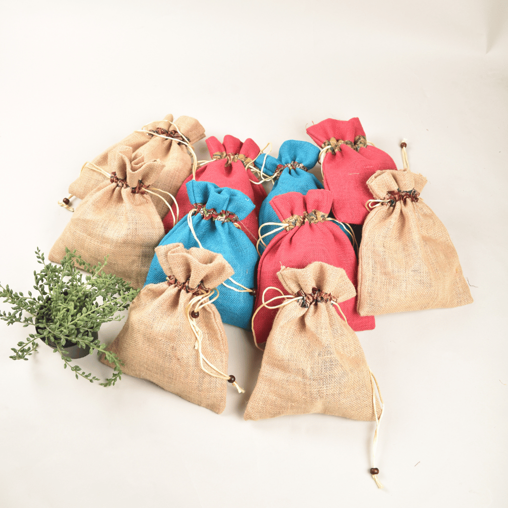 Charming flat jute potli bags in assorted colours