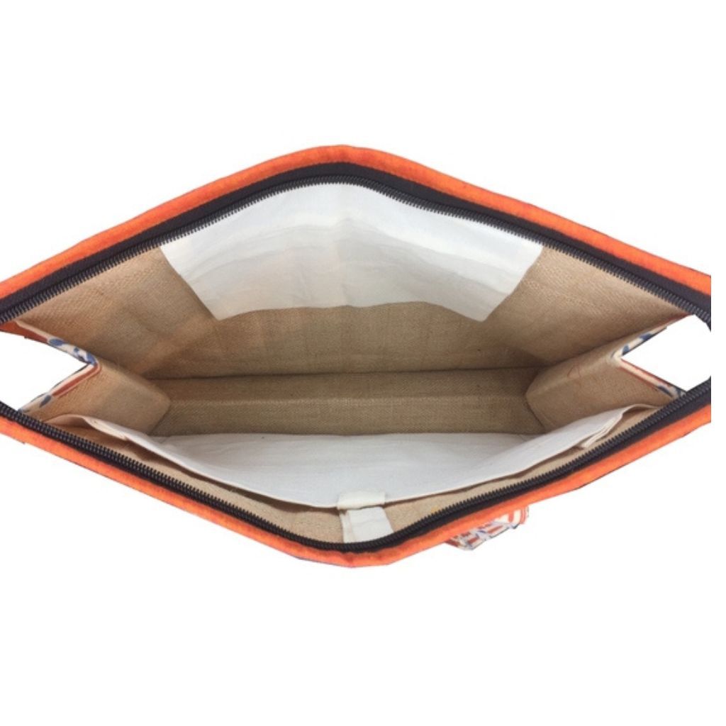 Orange cotton and jute laptop bag or tote bag - inside