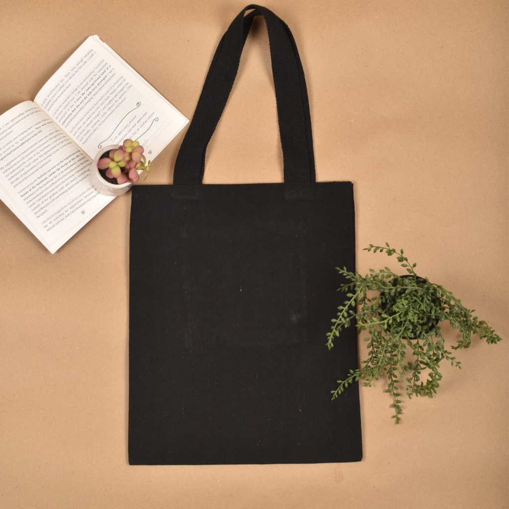Black canvas tote bag with heart embroidery - back