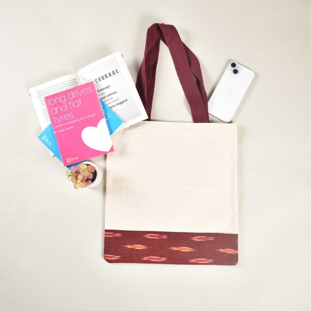 Canvas tote bag with maroon ikat border - front
