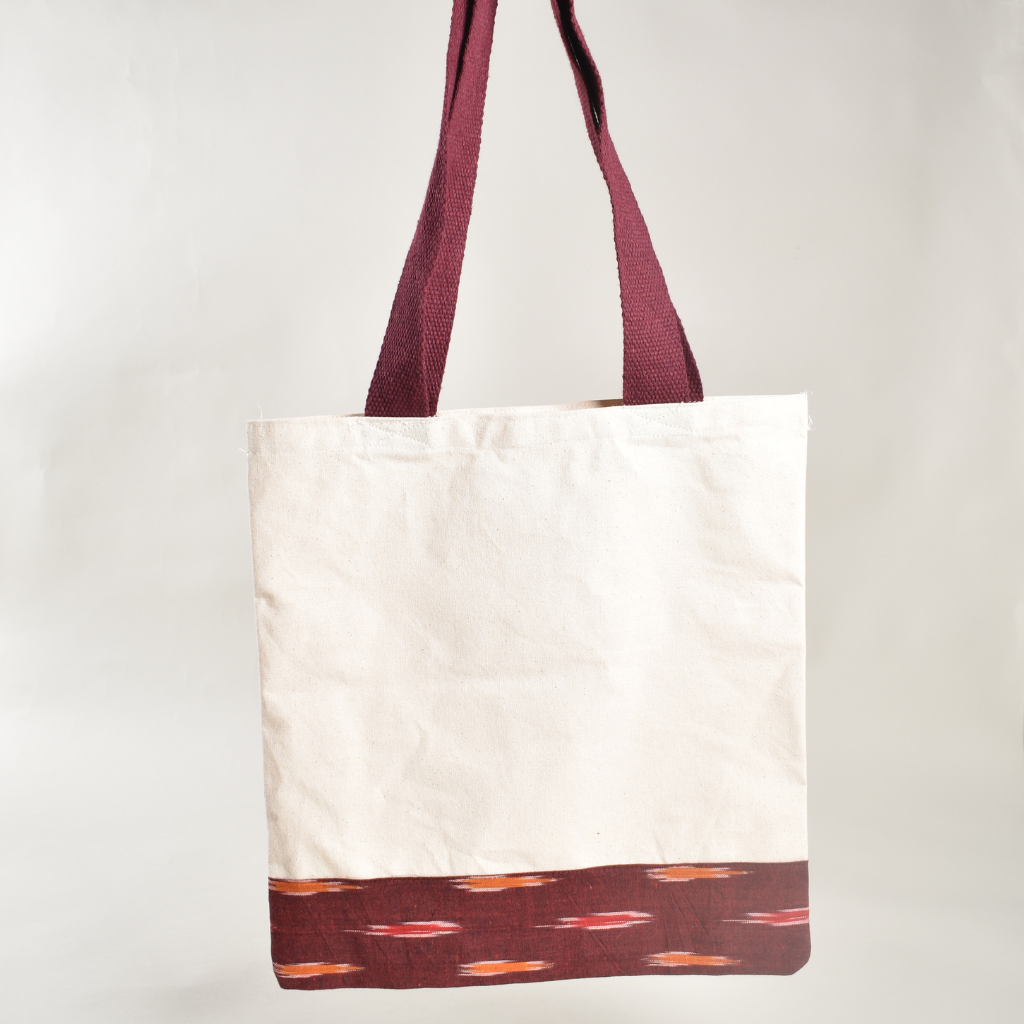 Canvas tote bag with maroon ikat border - back