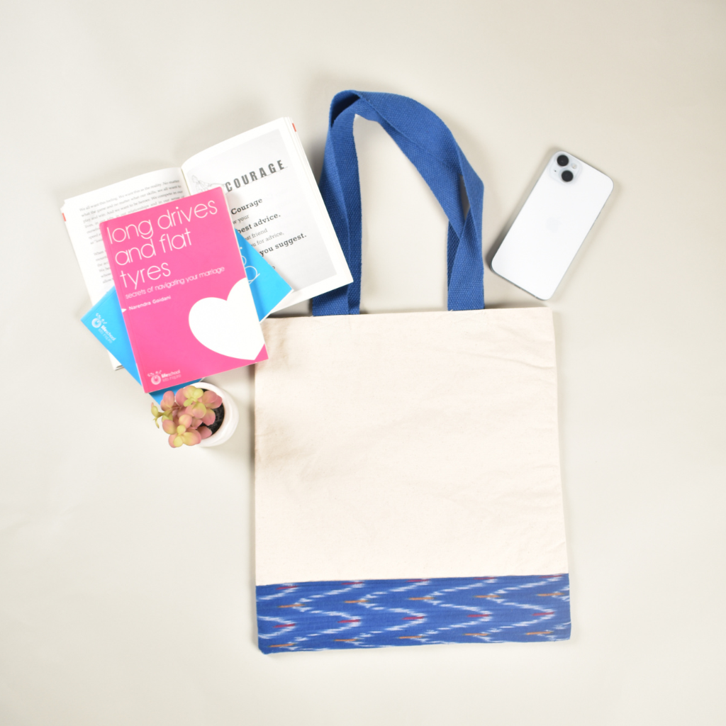 Canvas tote bag with blue ikat border - front