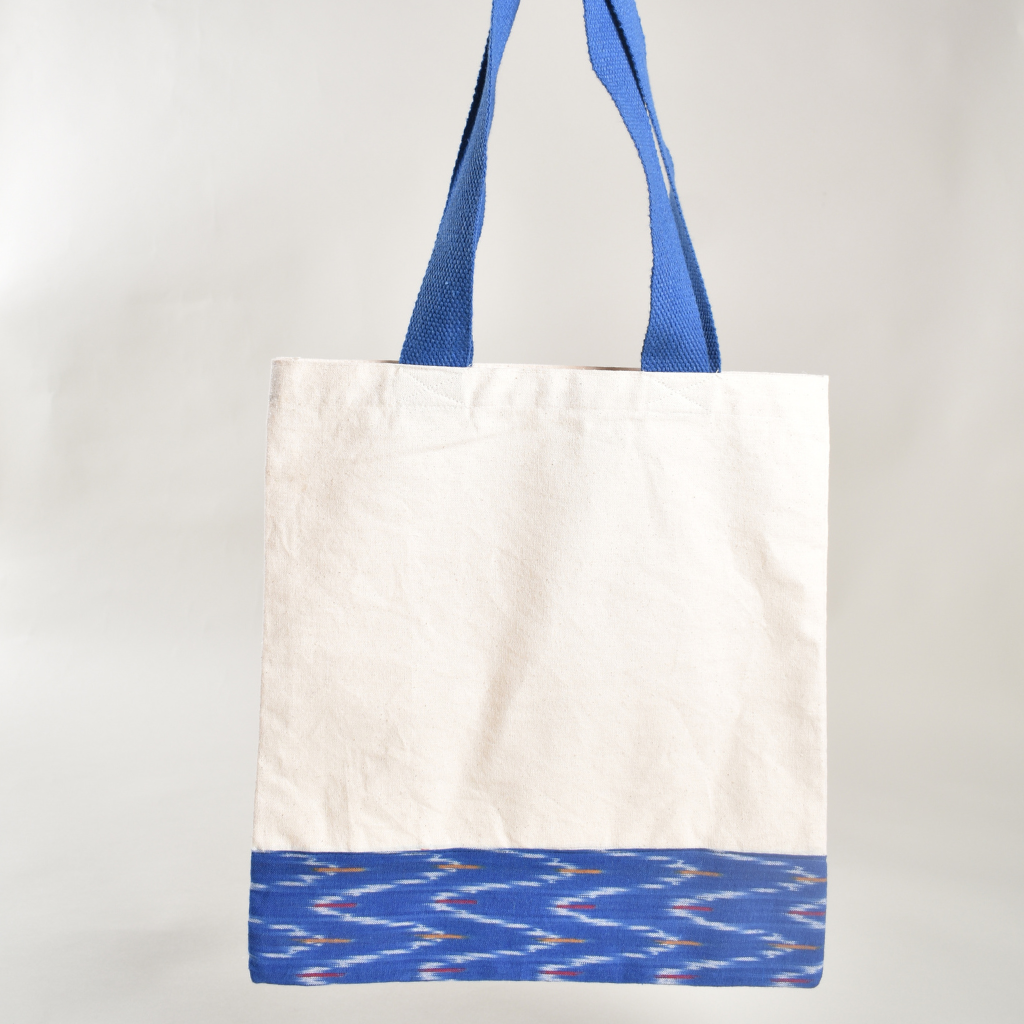 Canvas tote bag with blue ikat border - back