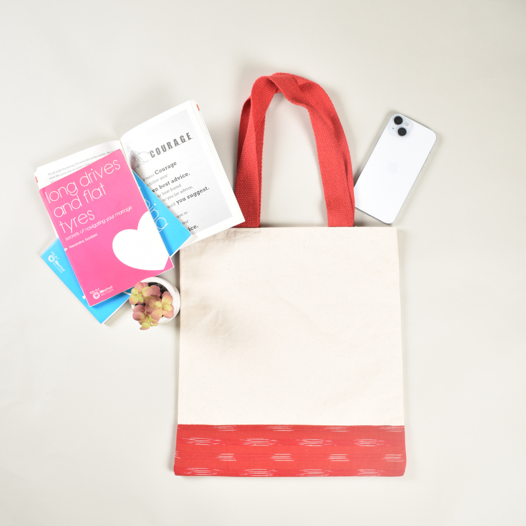 Canvas tote bag with red ikat border - front