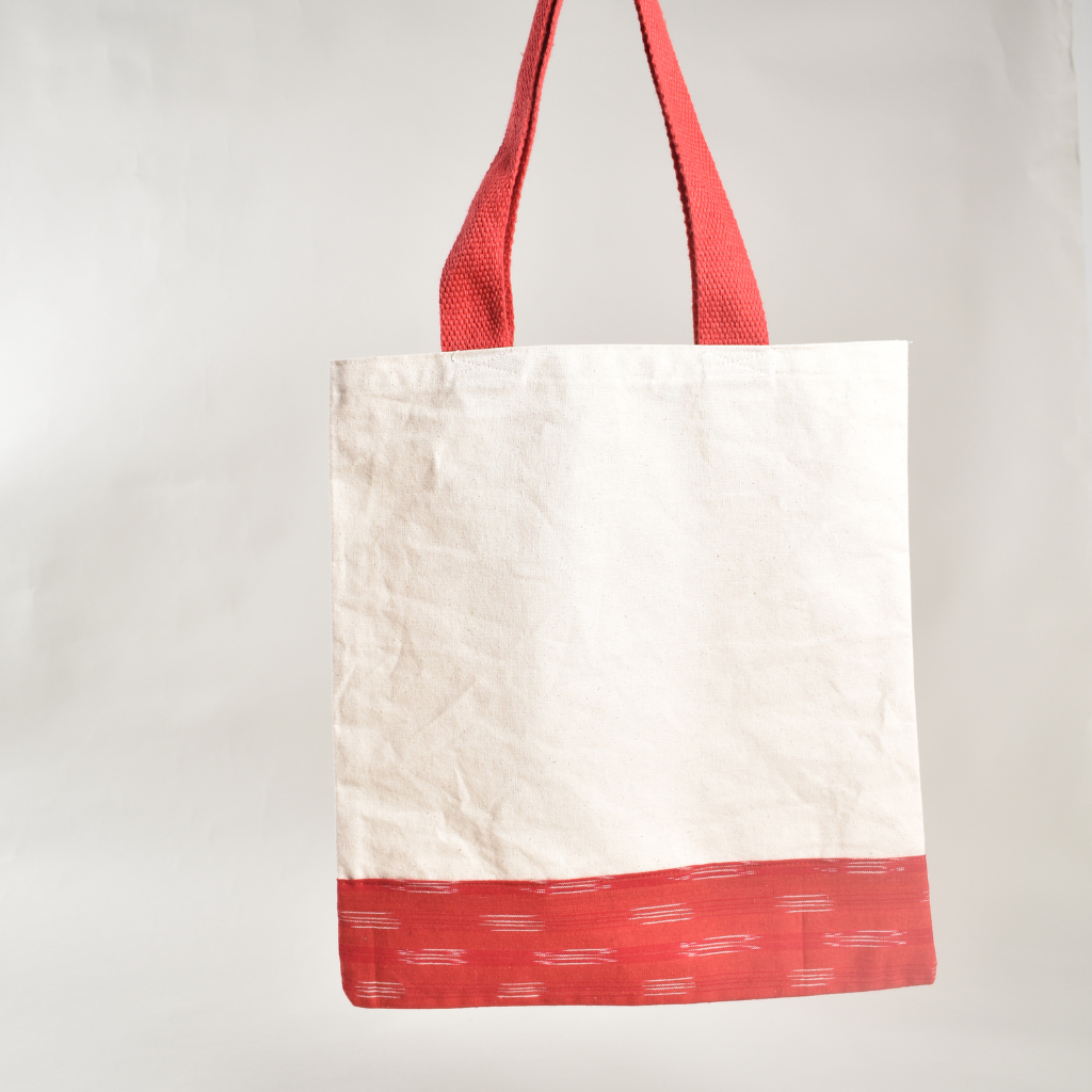 Canvas tote bag with red ikat border - back