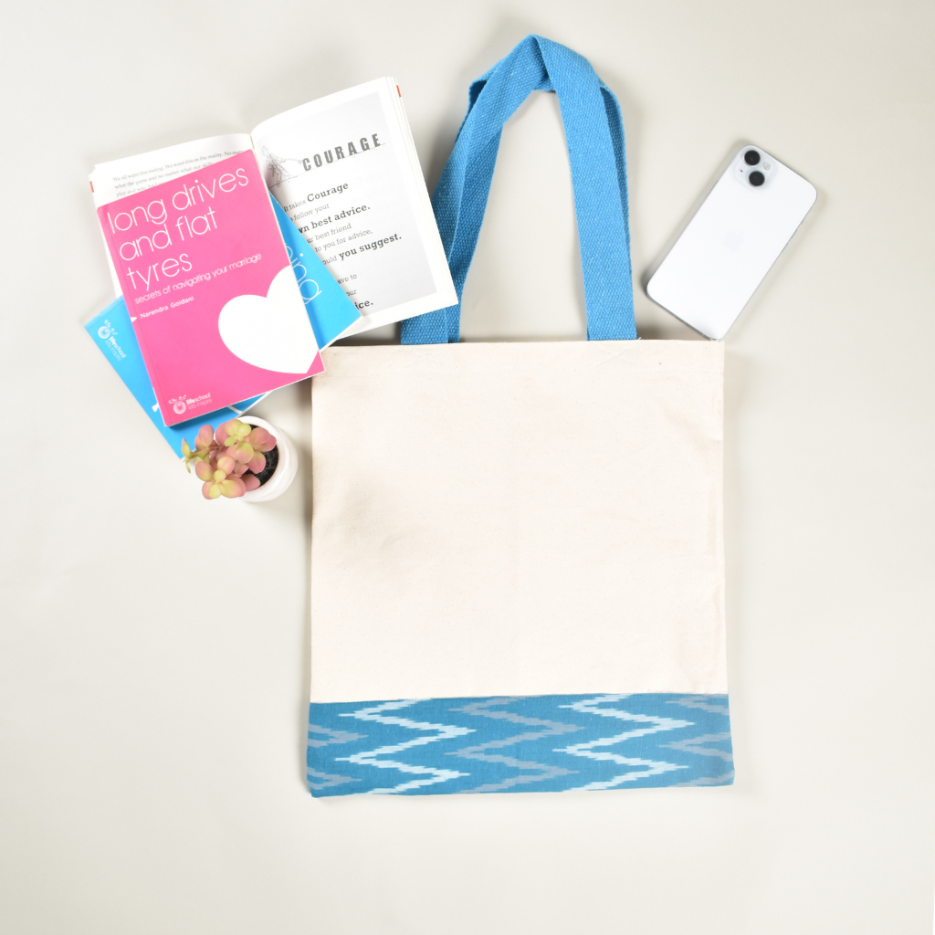 Canvas tote bag with sky blue ikat border - front