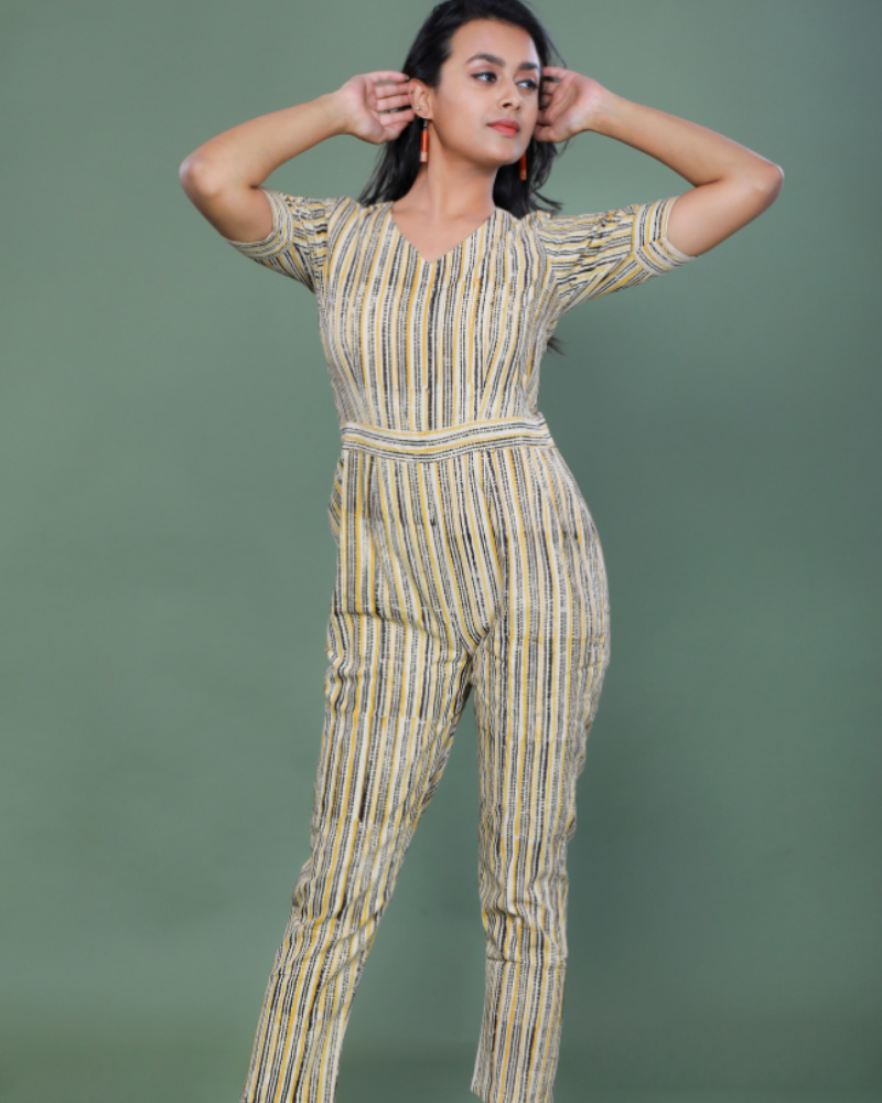 Yellow Kalamkari cotton striped jumpsuit