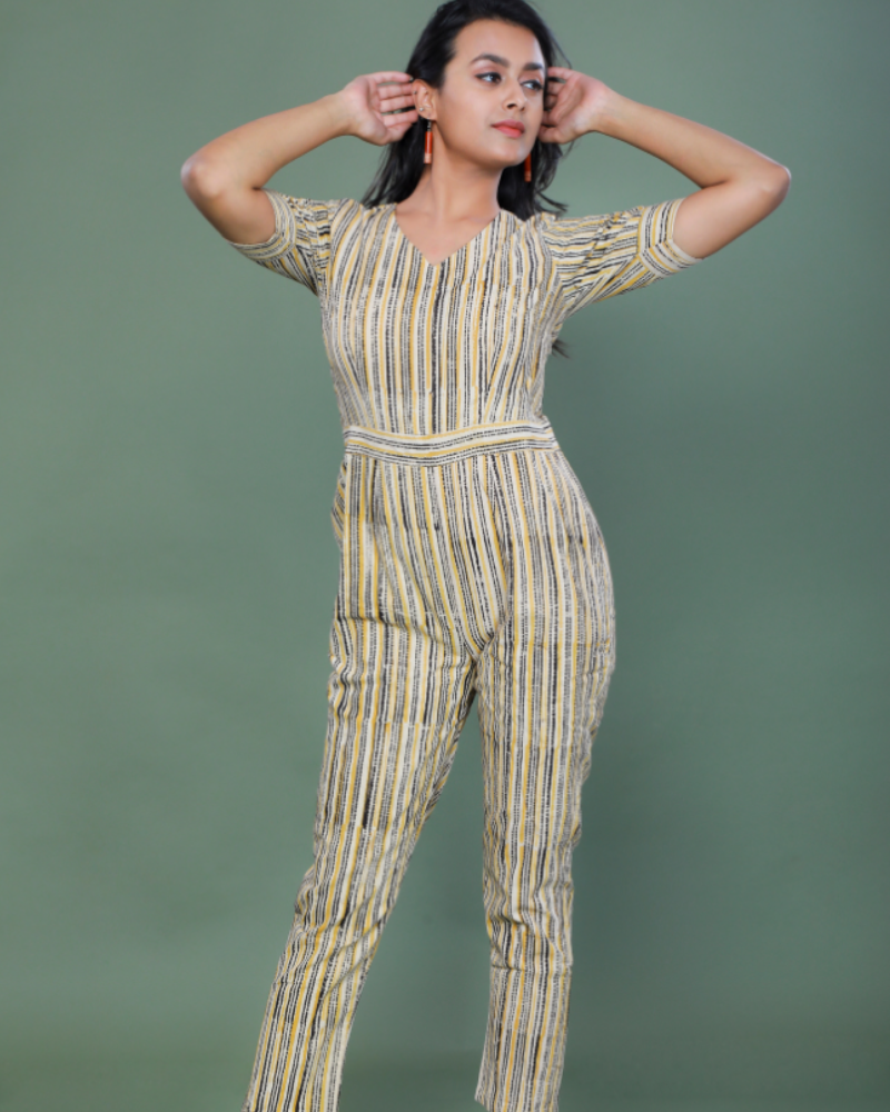 Kalamkari cotton Yellow striped jumpsuit