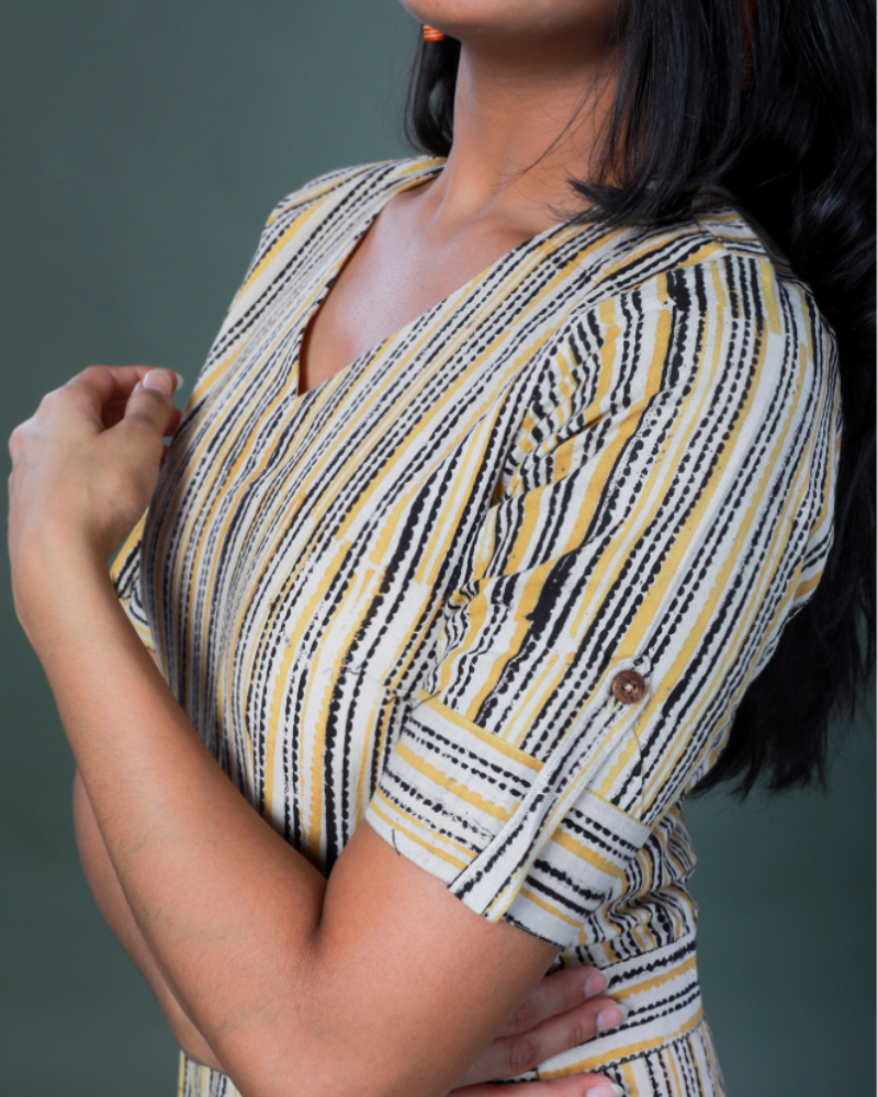 Yellow Kalamkari cotton striped jumpsuit