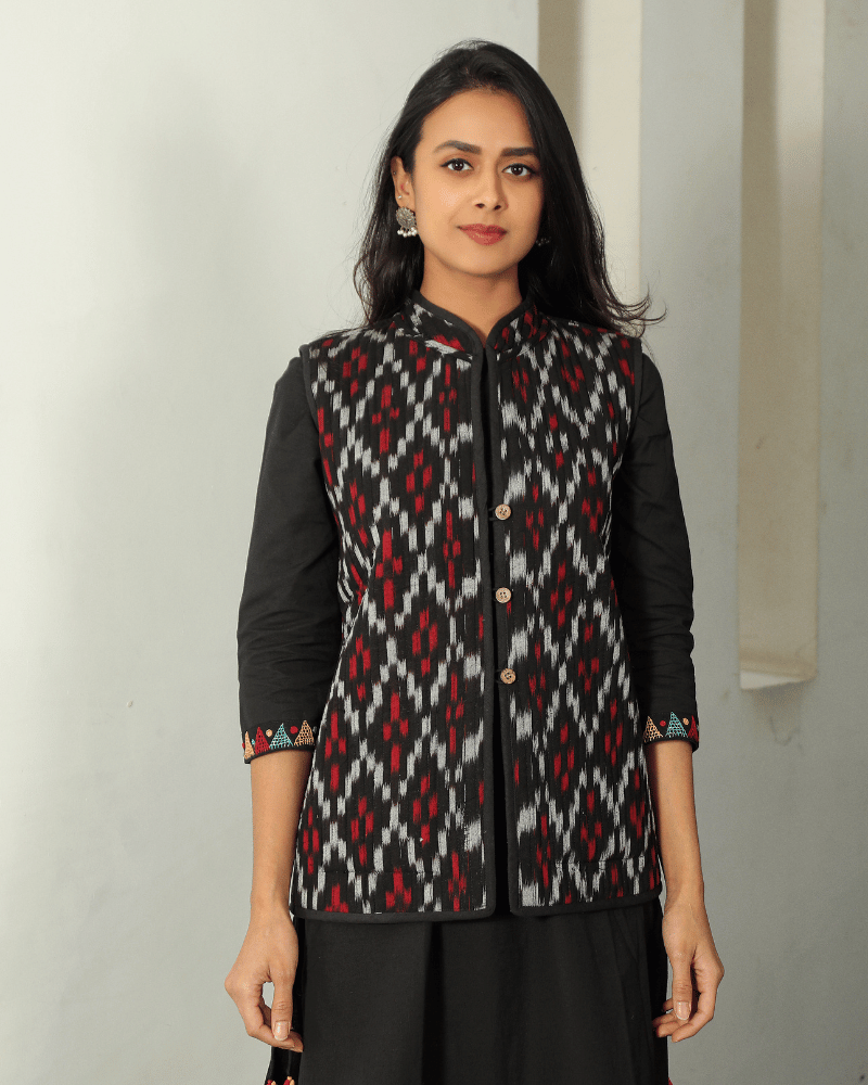 Reversible Nehru collar quilted jacket in black ikat - front
