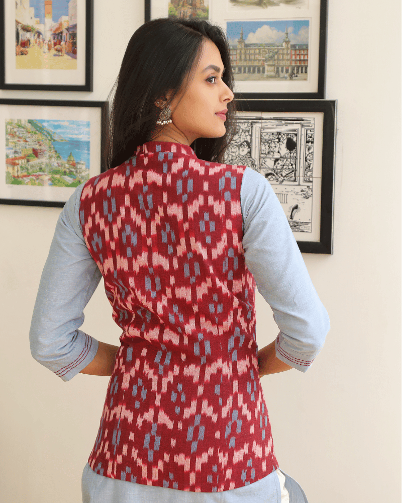 Reversible womens jacket in red ikat - back