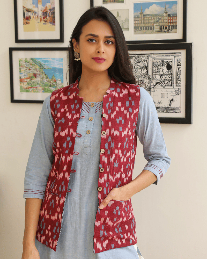 Reversible womens jacket in red ikat - pocket