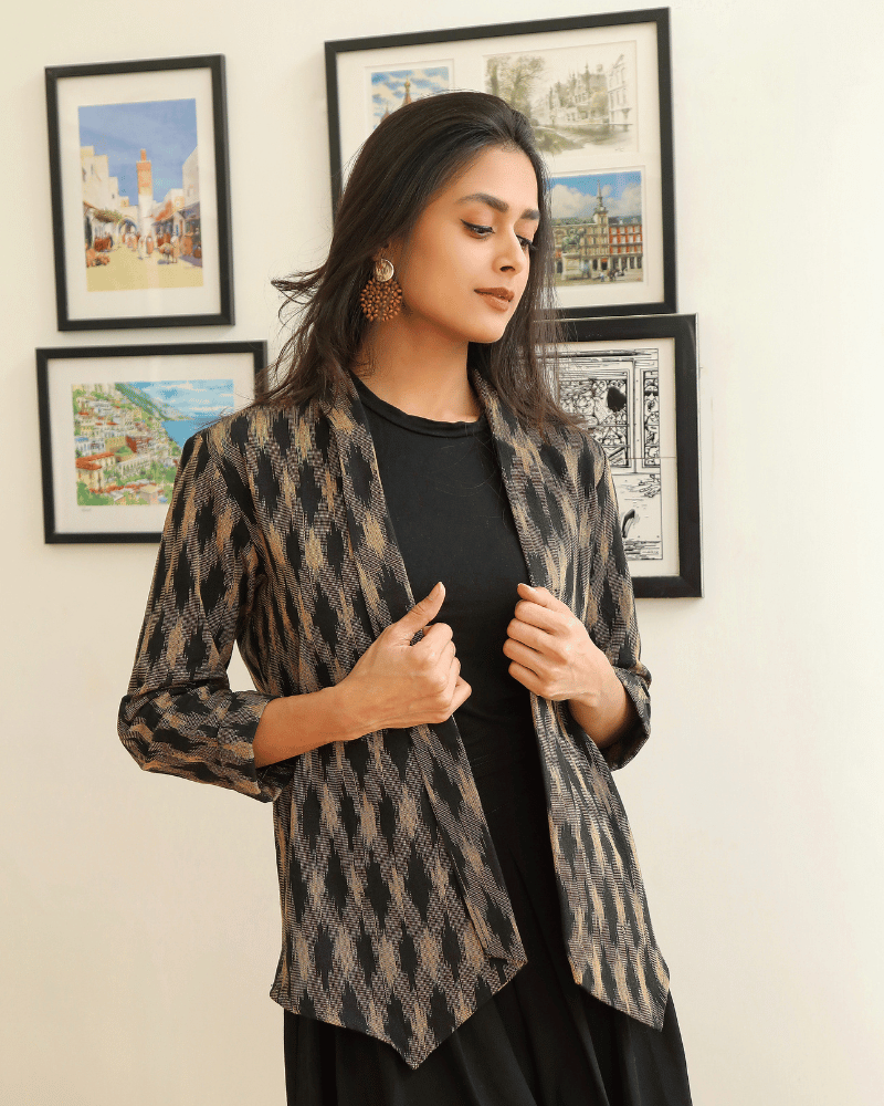 Brown ikat lapel collar jacket - Front