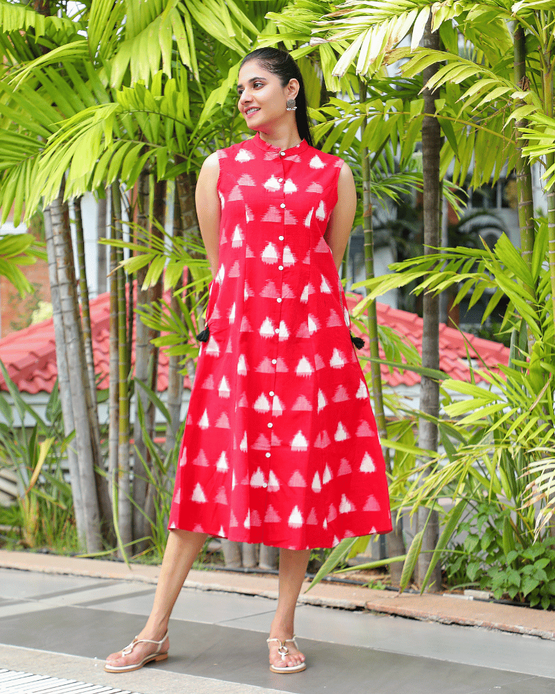 Red ikat a line dress front view