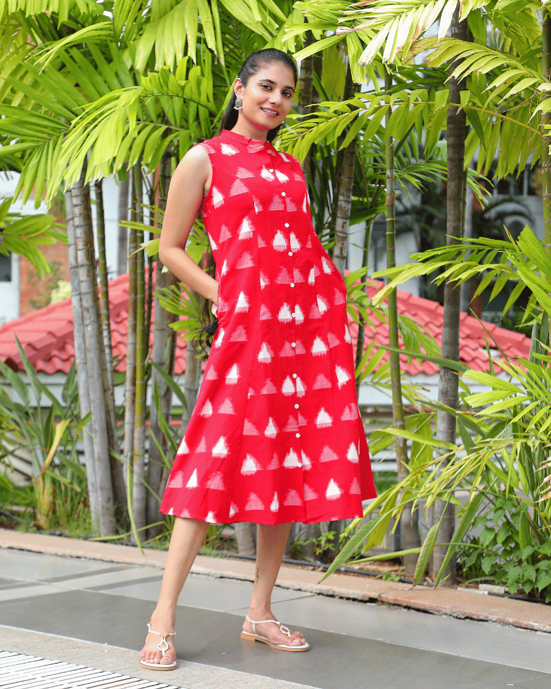 Red ikat a line embroidery dress