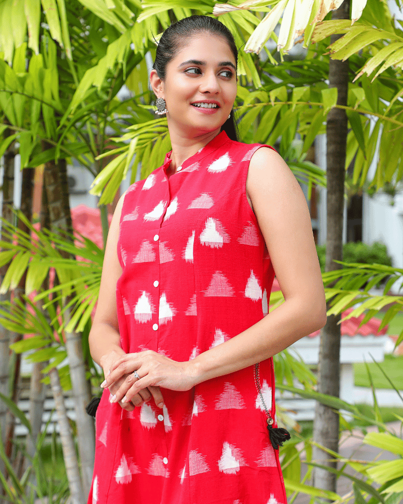 Red ikat a line dress side view