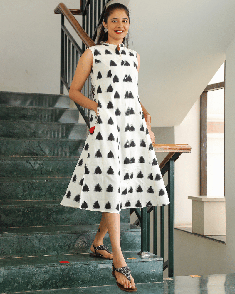 White ikat dress with tassels front view