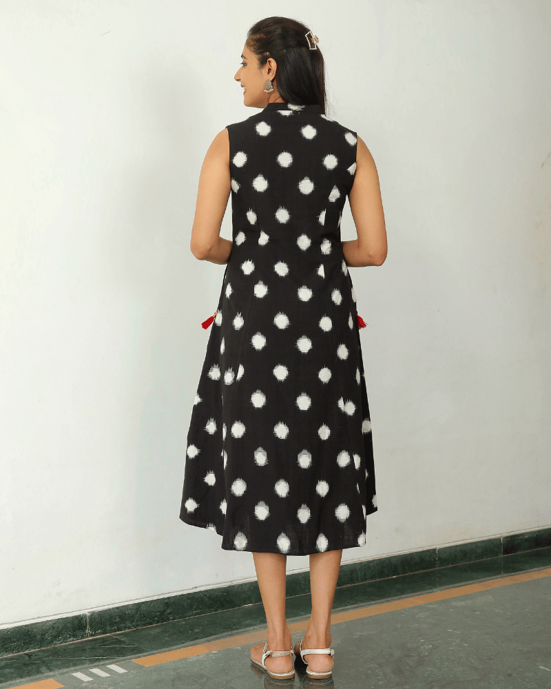 Black ikat dress with tassels back view