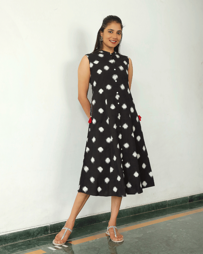 Black ikat dress with tassels