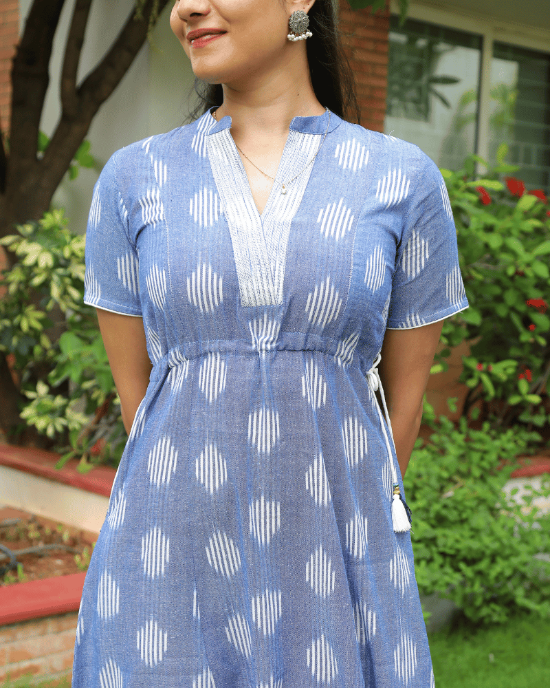Blue ikat midi dress front view