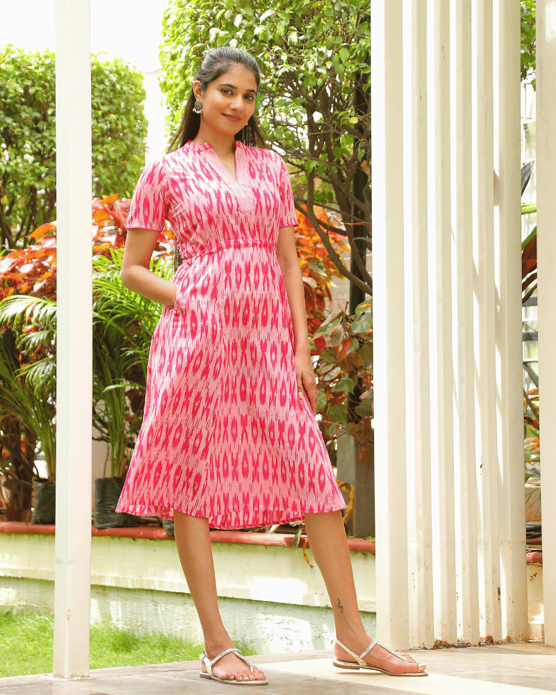 Pink ikat midi dress front view