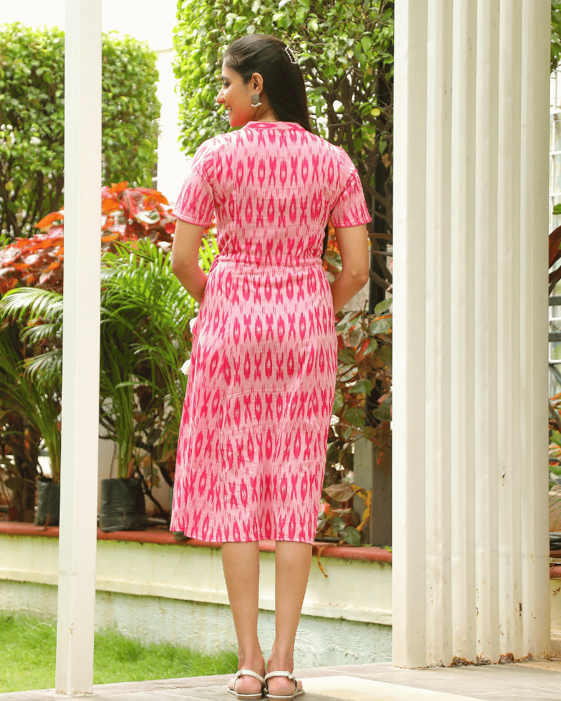 Pink ikat midi dress back view