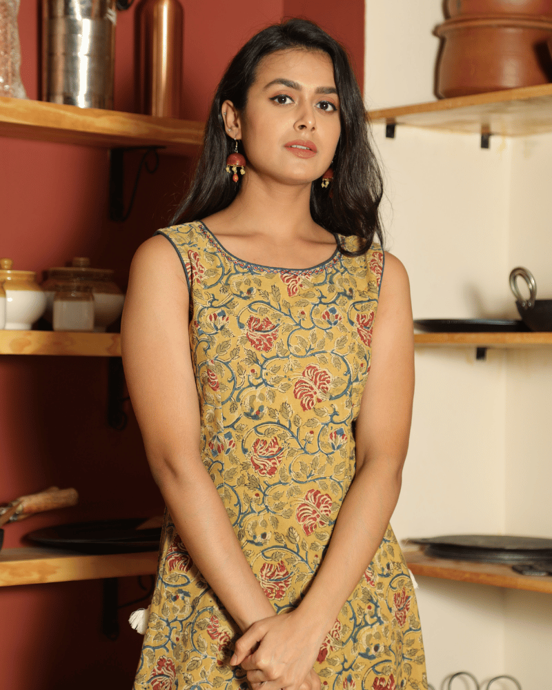 Yellow Floral kalamkari Dress with a Boat neck - embroidery