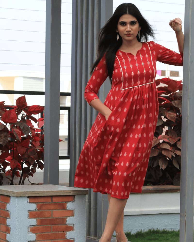 Red ikat Dress With Sequins - Front