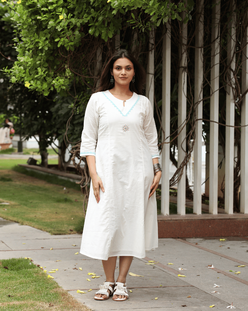 White Cotton Dress with Applique Work - embroidery