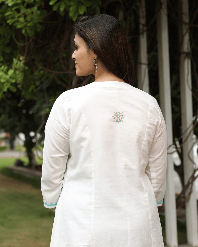 White Cotton Dress with Applique Work - back