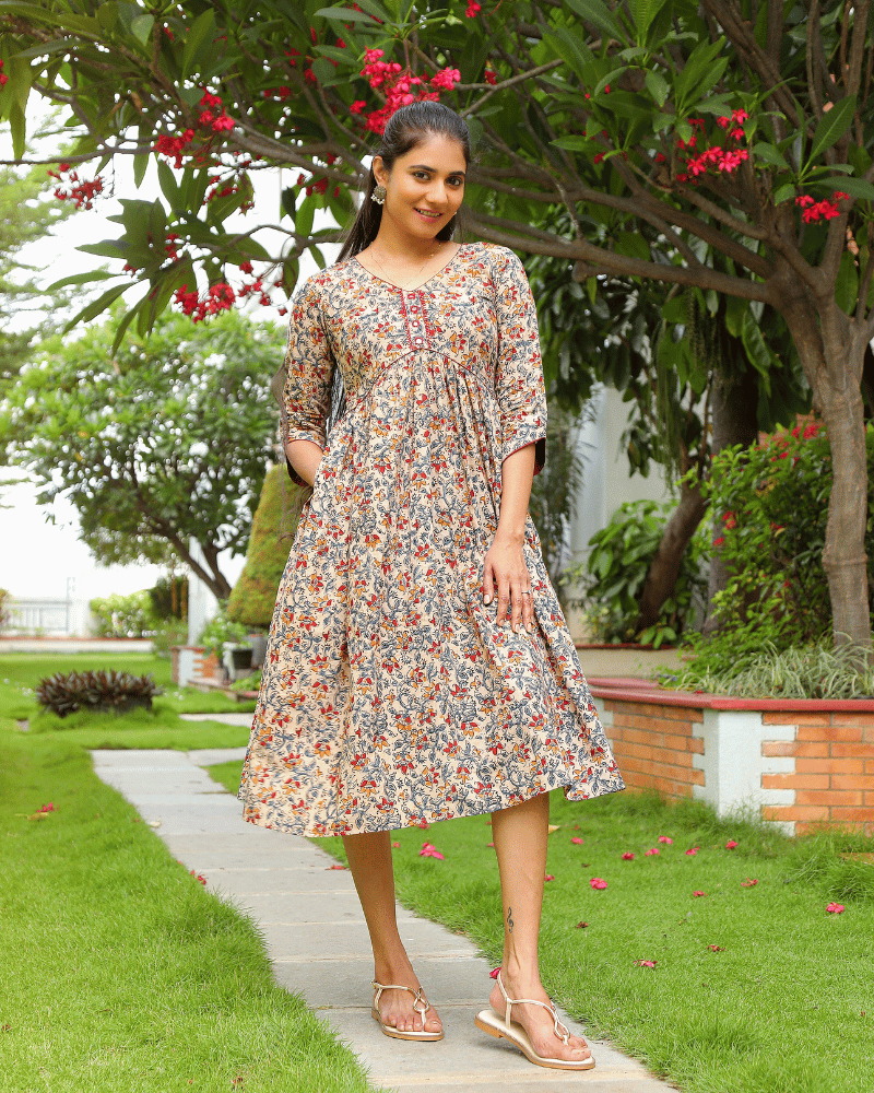 Cream kalamkari gather dress front view