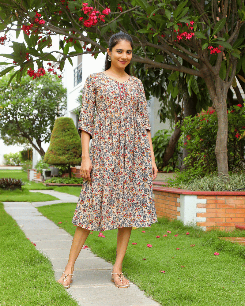 Cream kalamkari gather dress full view