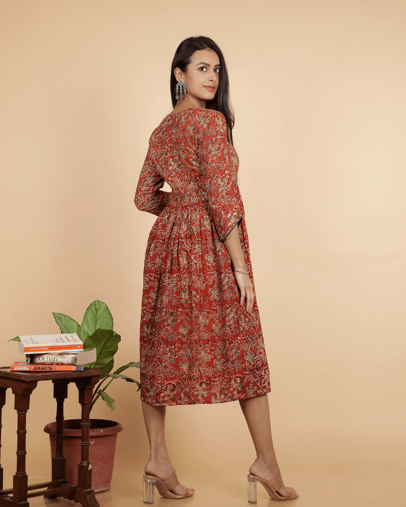 Rust kalamkari gather dress - side
