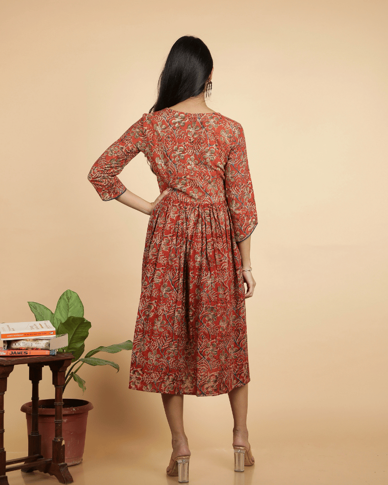 Rust kalamkari gather dress - back