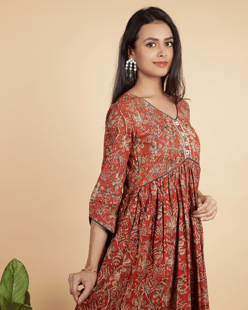 Rust kalamkari gather dress - sleeves