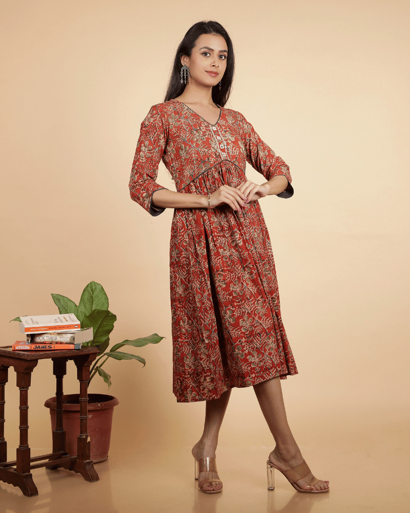 Rust kalamkari gather dress - neck