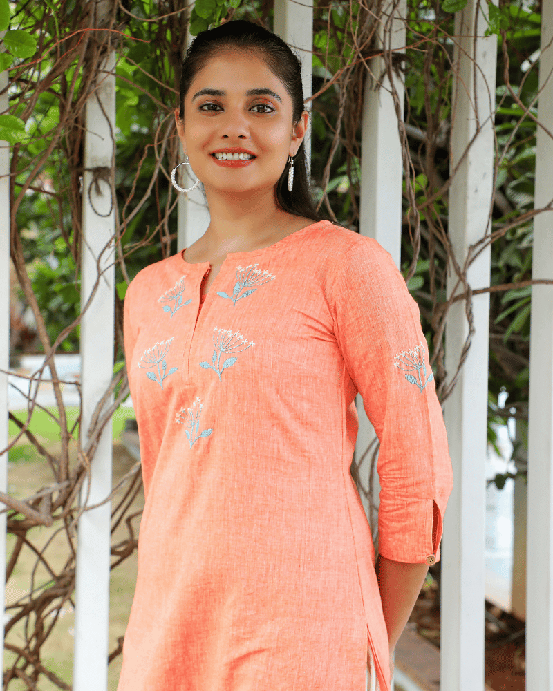 Peach hand embroidered kurta in cotton sleeve view