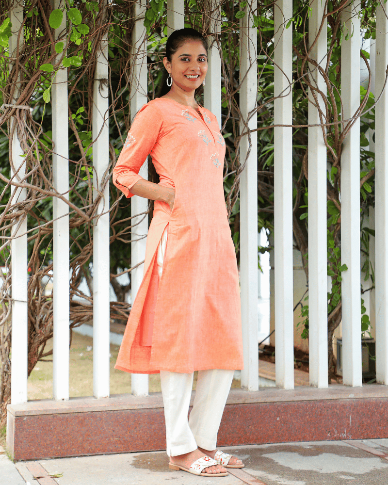 Peach hand embroidered kurta in cotton side view