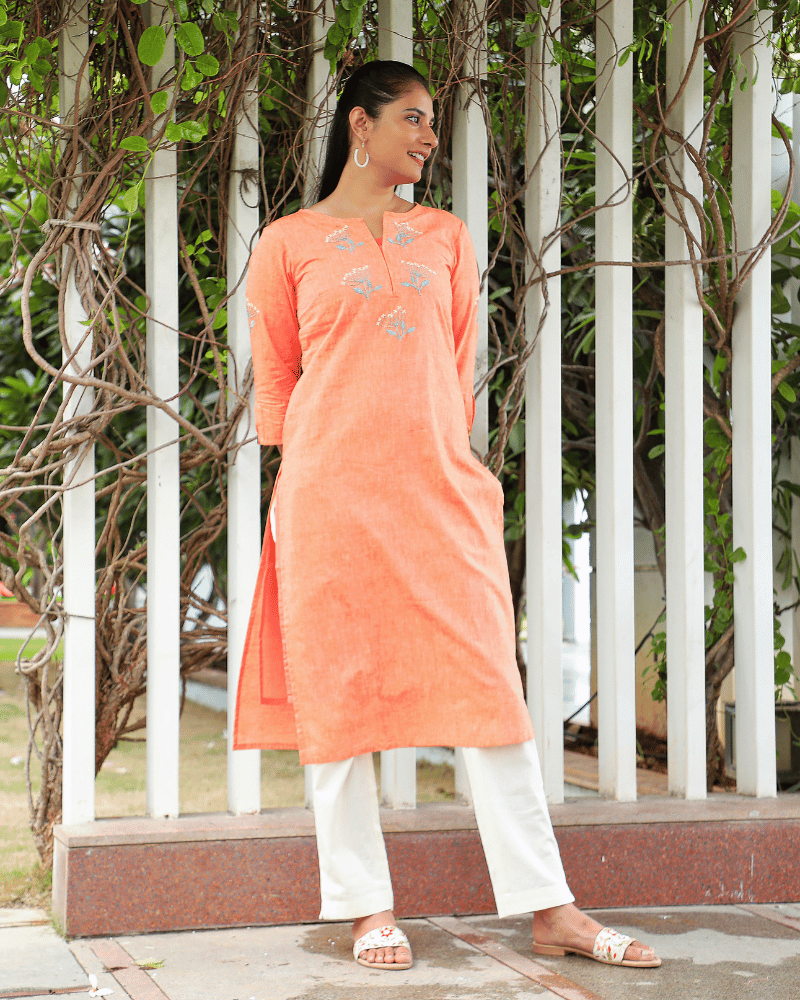 Peach hand embroidered kurta in cotton