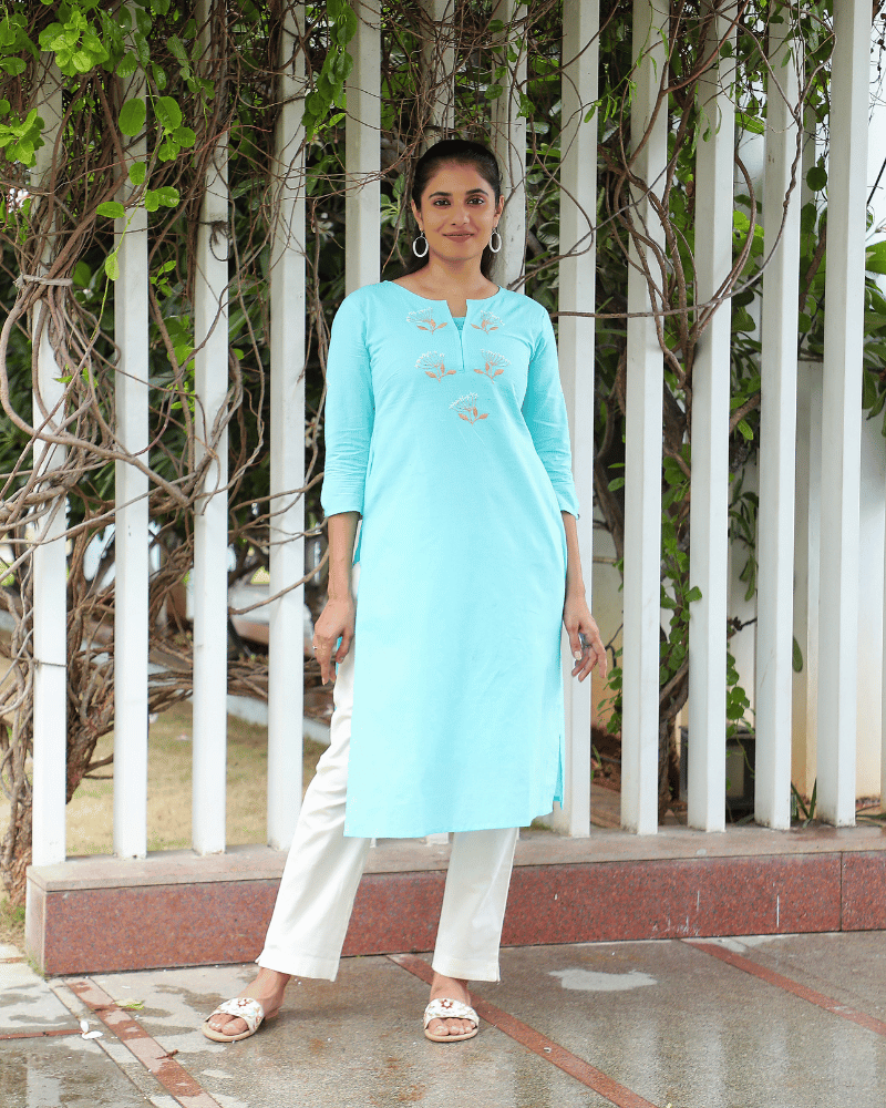 Dandelion Embroidered Sky Blue Cotton Kurta sleeve view