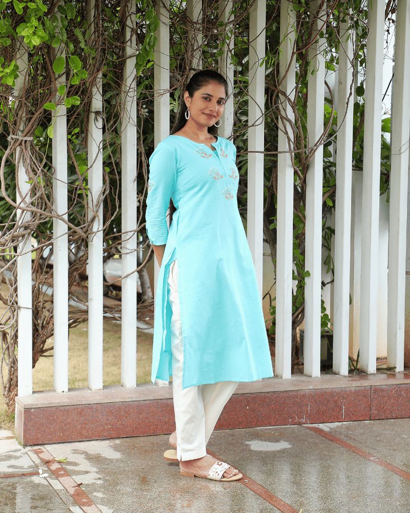 Dandelion Embroidered Sky Blue Cotton Kurta side view