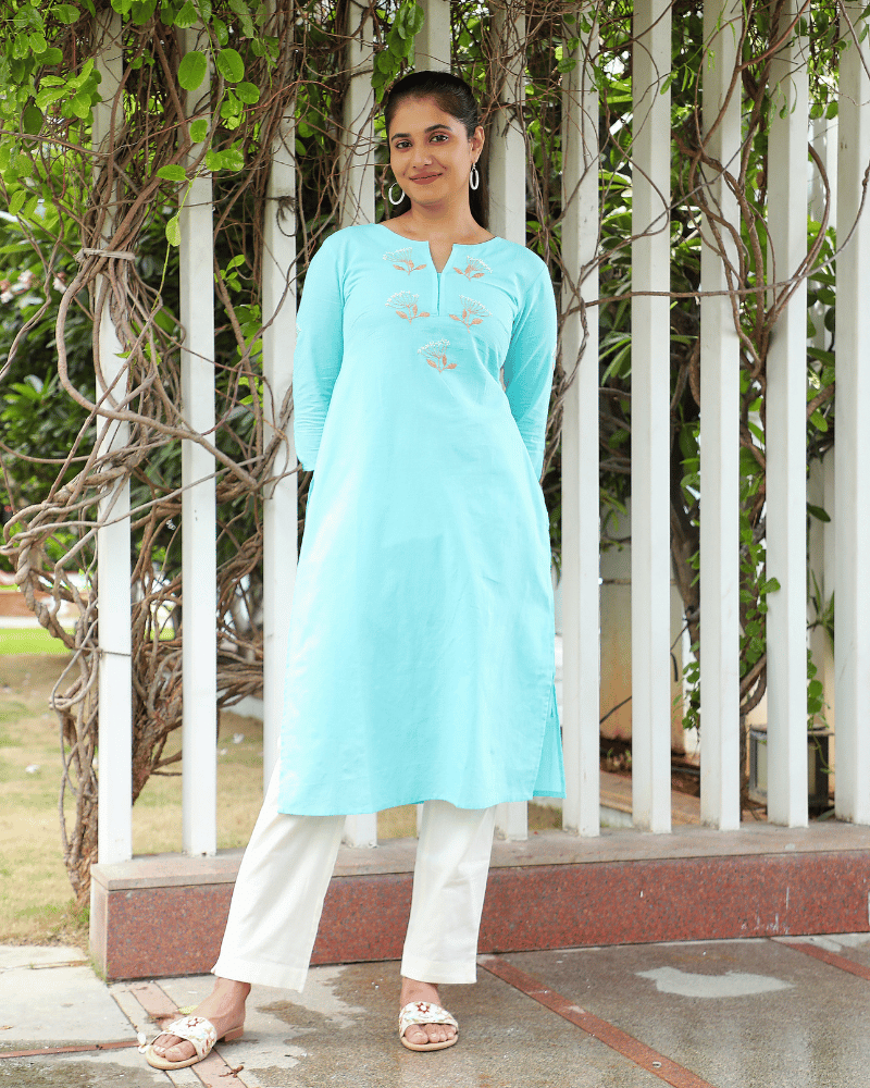 Dandelion Embroidered Sky Blue Cotton Kurta front view