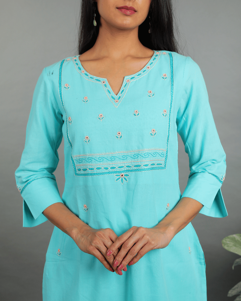 Flowers Embroidered Sky Blue Cotton Kurta - sleeves
