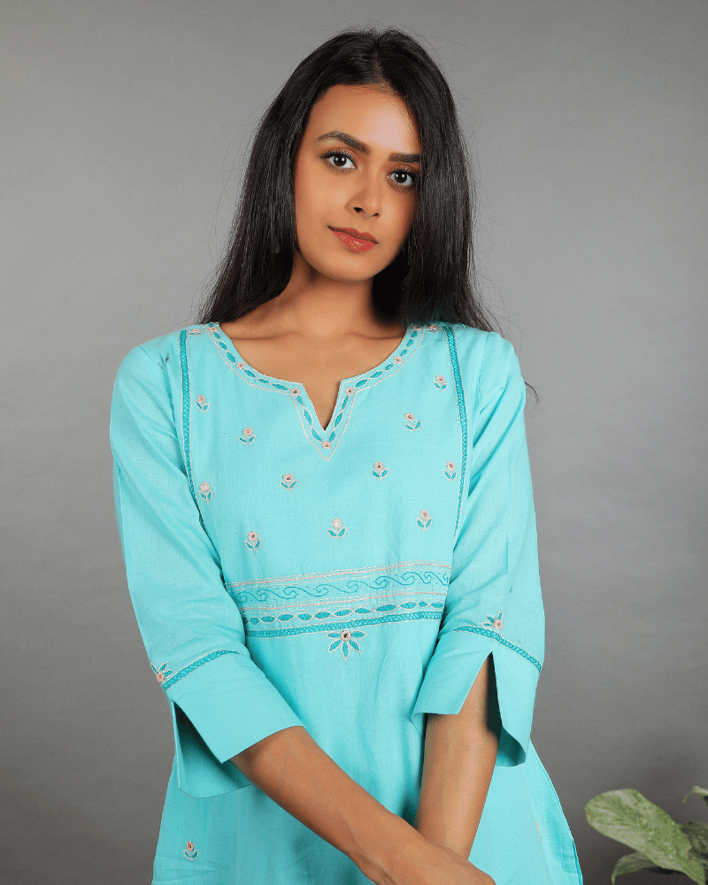 Flowers Embroidered Sky Blue Cotton Kurta - embroidery