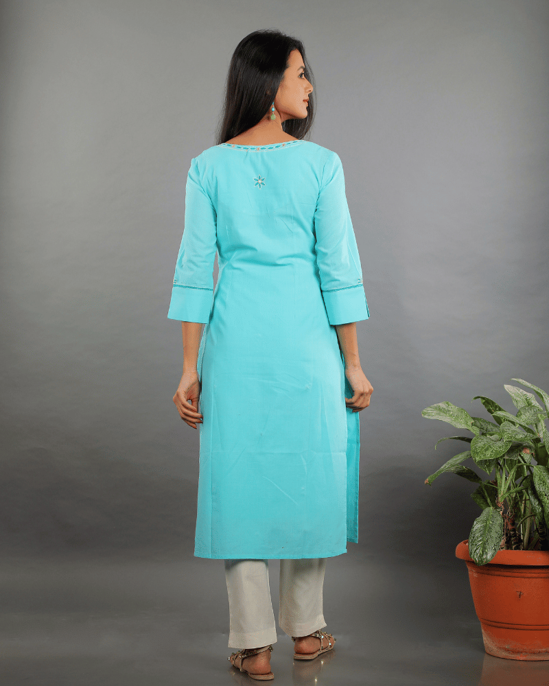 Flowers Embroidered Sky Blue Cotton Kurta - back